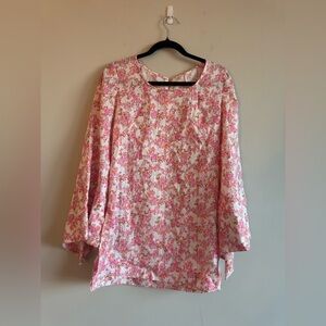 Vintage Handmade 60s Pink White Ditsy Butterfly Floral Bell Sleeve Tunic Blouse